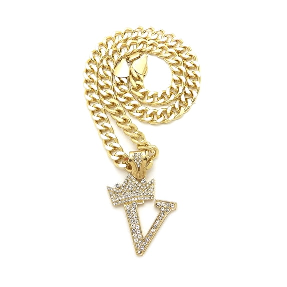 Unique Fashion 21 Hip Hop Stone Filled Initial V Pendant 9 mm 18 inches Cuban Chain Necklace