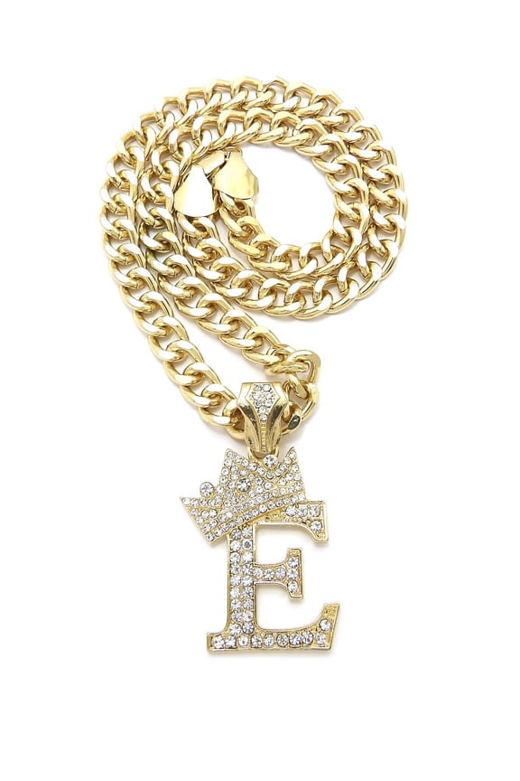Hip Hop Stone Filled initial E Pendant 9 mm 18 inches Cuban Chain Necklace