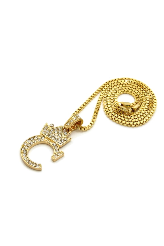 Iced Out Small Initial Letter Alphabet C Pendant 2mm 24" Box Chain Necklace in Gold Tone