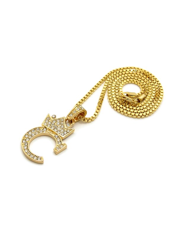 Iced Out Small Initial Letter Alphabet C Pendant 2mm 24" Box Chain Necklace in Gold Tone