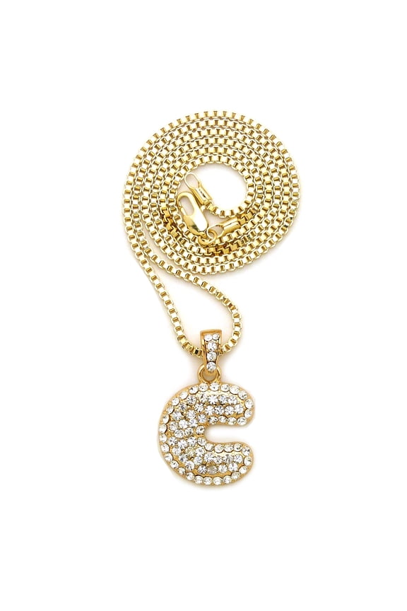 Unique Fashion 21  Unisex Bubble Initial Letter Alphabet C Pendant 2mm 24" Box Chain Necklace in Gold Tone