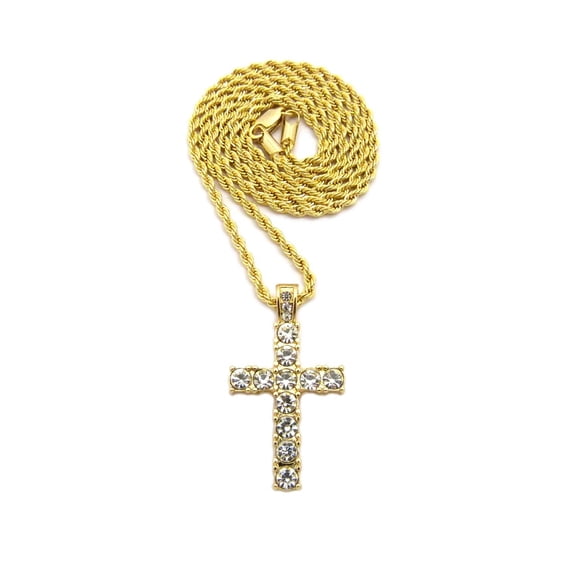 Unique Fashion 21 Unisex Stone Filled Cross Pendant Rope Chain Necklace in Gold Tone