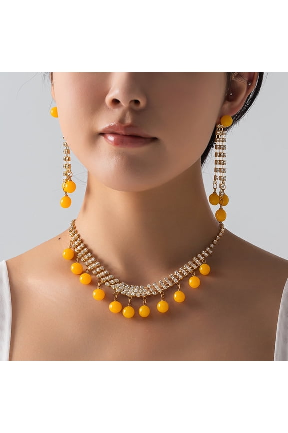 Unique Fashion Jewelry Set - Crystal Chain and Resin Ball Necklace Earrings