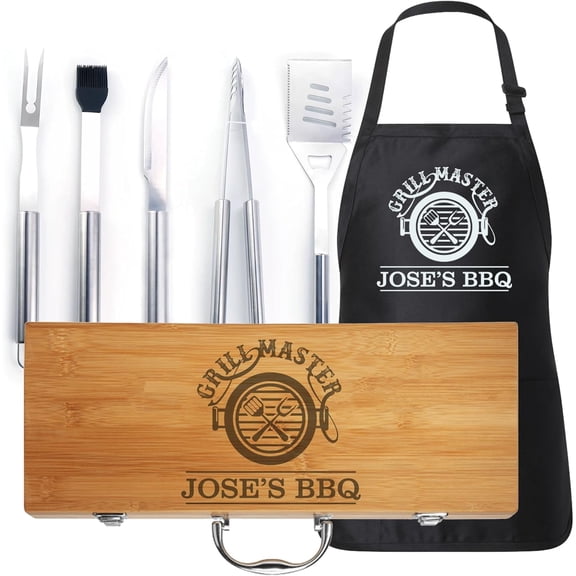 Unique Father's Gift: Personalized BBQ Tool Set with Matching Apron, Designed Especially for Dads