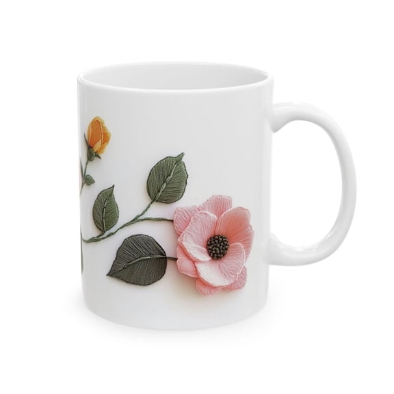 Unique Faux d Embroidered Roses Ceramic Mug Mother's Day Gift Floral Coffee Cup, Bright Tea Cup Faux d Flower Mug, Popping Pink Yellow.