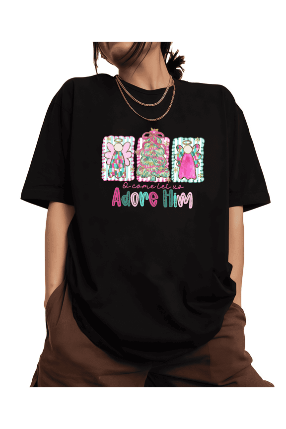 Unique Festive Angels Tree Short Sleeve Print Tshirt Graphic Tees Black S-5XL Shirts Everyday Tops