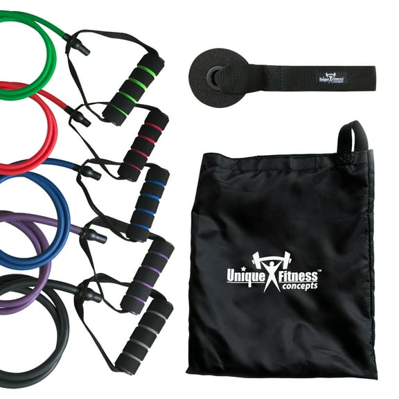 Unique Fitness Concepts Rubber Tube Exerciser Five Piece Set with Foam Handles