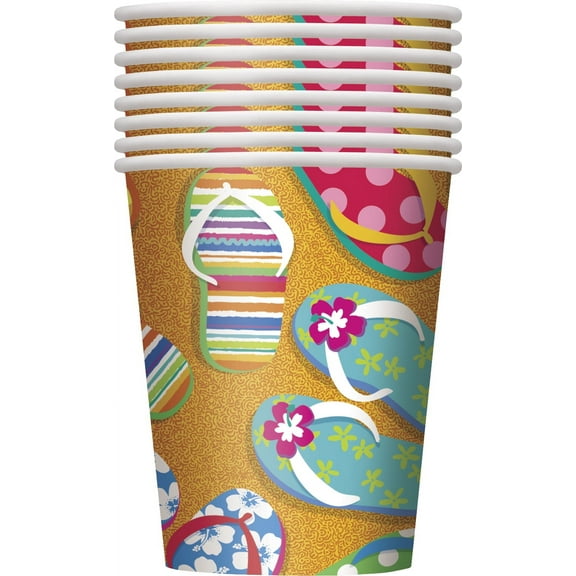 Unique Flip Flop Summer Fun Tropical Luau Party 9oz Paper Disposable Cups, 8 CT, Orange