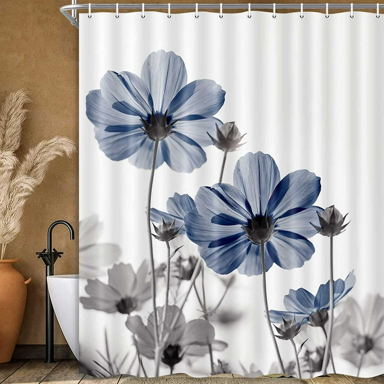 Unique Floral Blue Shower Curtain for Bathroom Decor, Blue and Grey Daisy Flower Elegant Wildflower Design Farmhouse Shower Curtains with Hooks Set