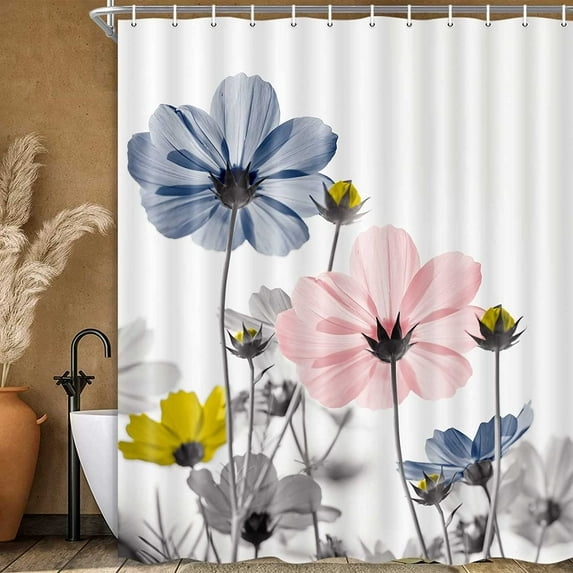 Unique Floral Colorful Shower Curtain for Bathroom Decor, Blue Pink Gray Daisy Flower Elegant Wildflower Design Farmhouse Shower Curtains with Hooks Set, 71 X 71 Inches