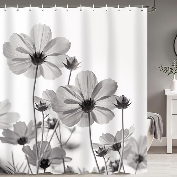 Unique Floral Grey Shower Curtain for Bathroom Decor, White and Gray Daisy Flower Elegant Wildflower Design Farmhouse Shower Curtains with Hooks Set, 71 X 71 Inches