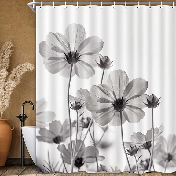 Unique Floral Grey Shower Curtain for Bathroom Decor, White and Gray Daisy Flower Elegant Wildflower Design Farmhouse Shower Curtains with Hooks Set, 72X72 Inches