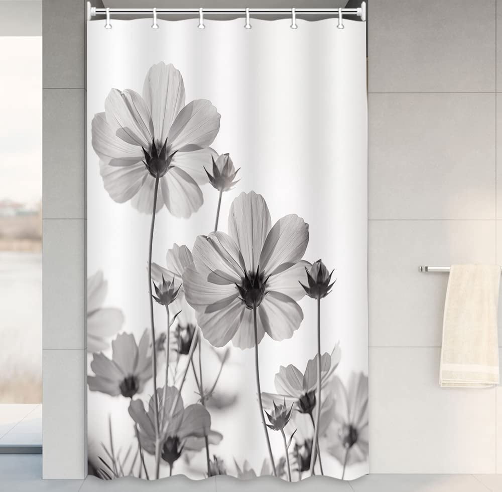 AEMBEE Floral Herbs Shower Curtain - Black Botanical Garden Print, 70x96 Inches With Hooks