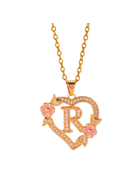 Unique Floral Monograms Necklace Brass Chain With Cutout Heart Detail Initial Jewelry Gift