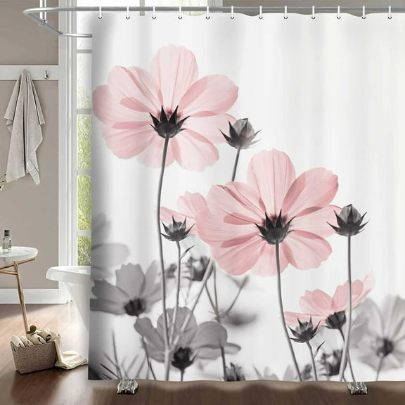 Unique Floral Pink Shower Curtain for Bathroom Decor, Pink and Grey Daisy Flower Elegant Wildflower Design Farmhouse Shower Curtains with Hooks Set