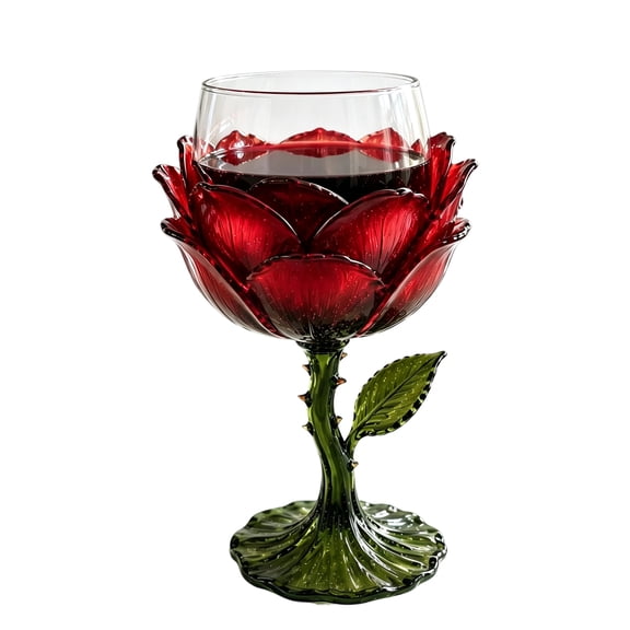 Unique Floral Rose Wine Goblet, Detailed Thorn Leaf Stem Glass Cup, Premium Glassware for Cocktail Champagne Juice, Home Table Wedding Party Ornament