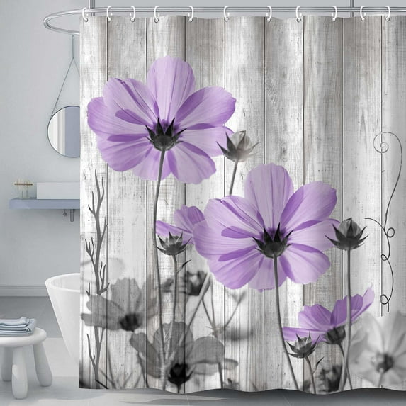 Unique Floral Shower Curtain for Bathroom Decor, Purple and Gray Daisy Flower Elegant Wildflower Design Farmhouse Bath Curtains, Rustic Wooden Country Fabric Shower Curtain Set with Hooks Set, 36x72