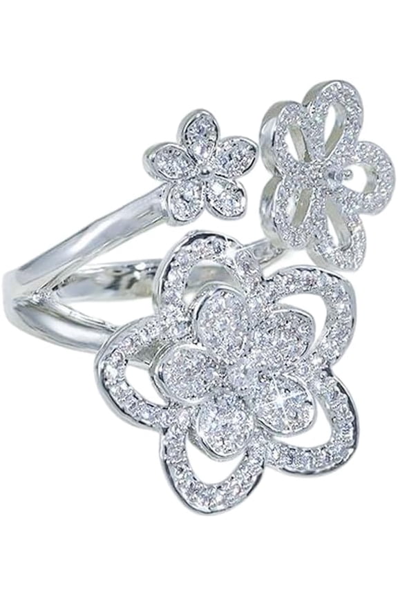 Unique Flower Cubic Zirconia Ring for Women Crystal Daisy Adjustable Open Band Engagement Wedding Promise Ring Elegant Floral Stacking Jewelry Sparkling Wrap Finger Band for Party Prom