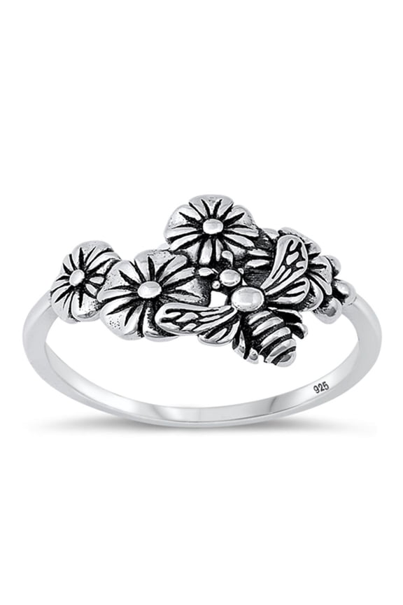 Unique Flowers & Bee Ring .925 Sterling Silver Pollination Band Jewelry Female Male Unisex Size 9
