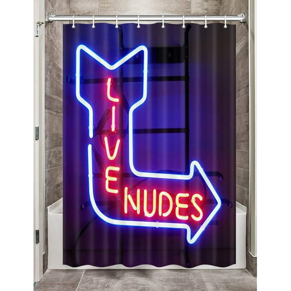 Unique Funny Shower Curtain for Bathroom, Fun Neon Signs Live Nudes Fabric Shower Curtains Set, Cool Design Restroom Decor Accessories Hooks Included 60X72inches
