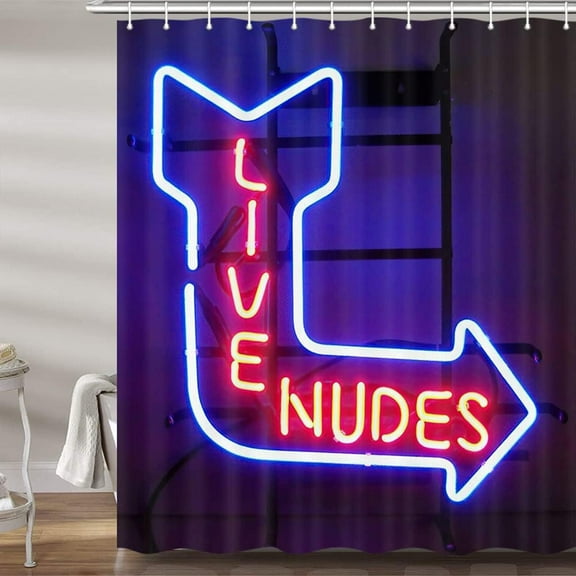 Unique Funny Shower Curtain for Bathroom, Fun Neon Signs Live Nudes Fabric Shower Curtains Set, Cool Design Restroom Decor Accessories Hooks Included 60X72inches