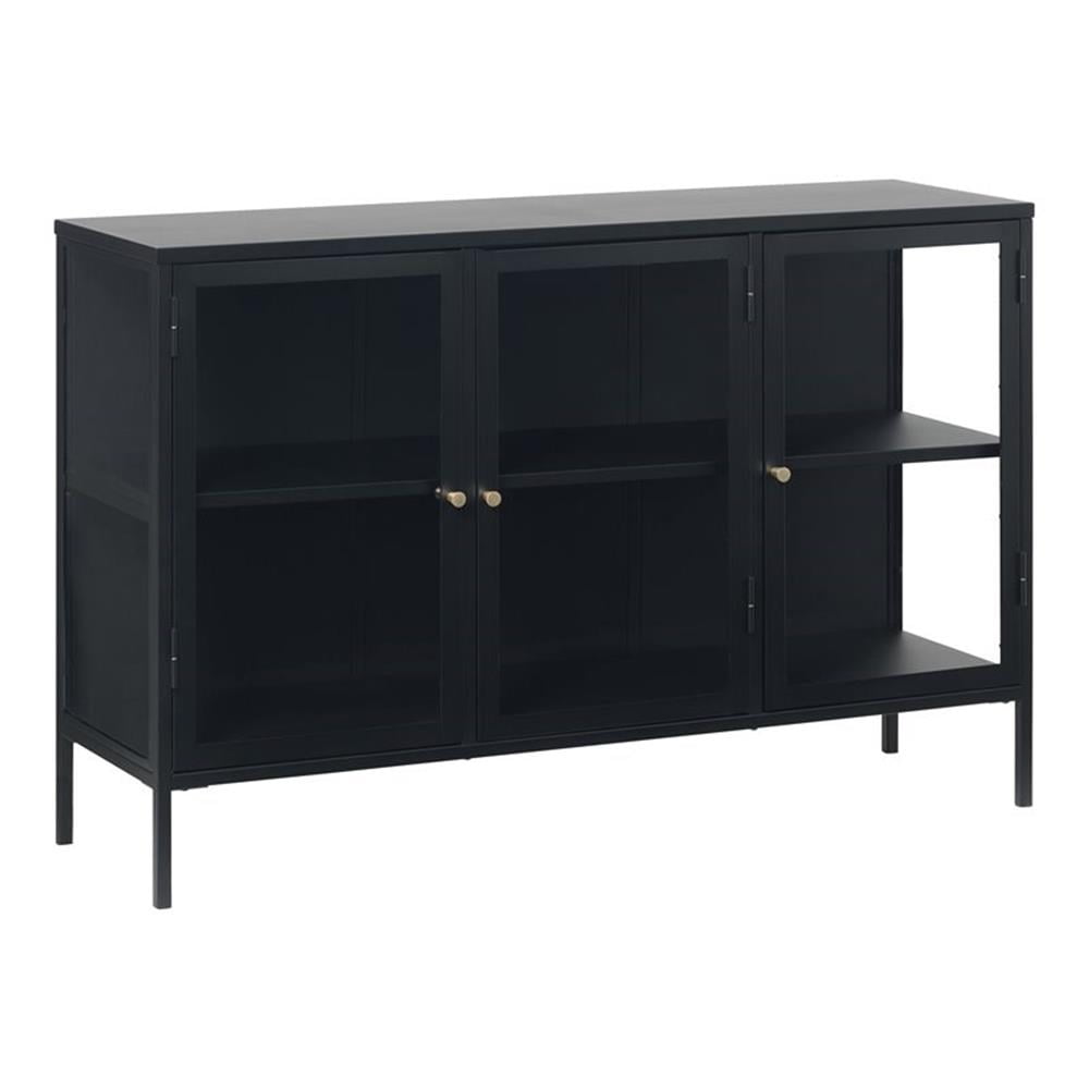 Black Metal and Glass 3-Door Sideboard with Brass Knobs