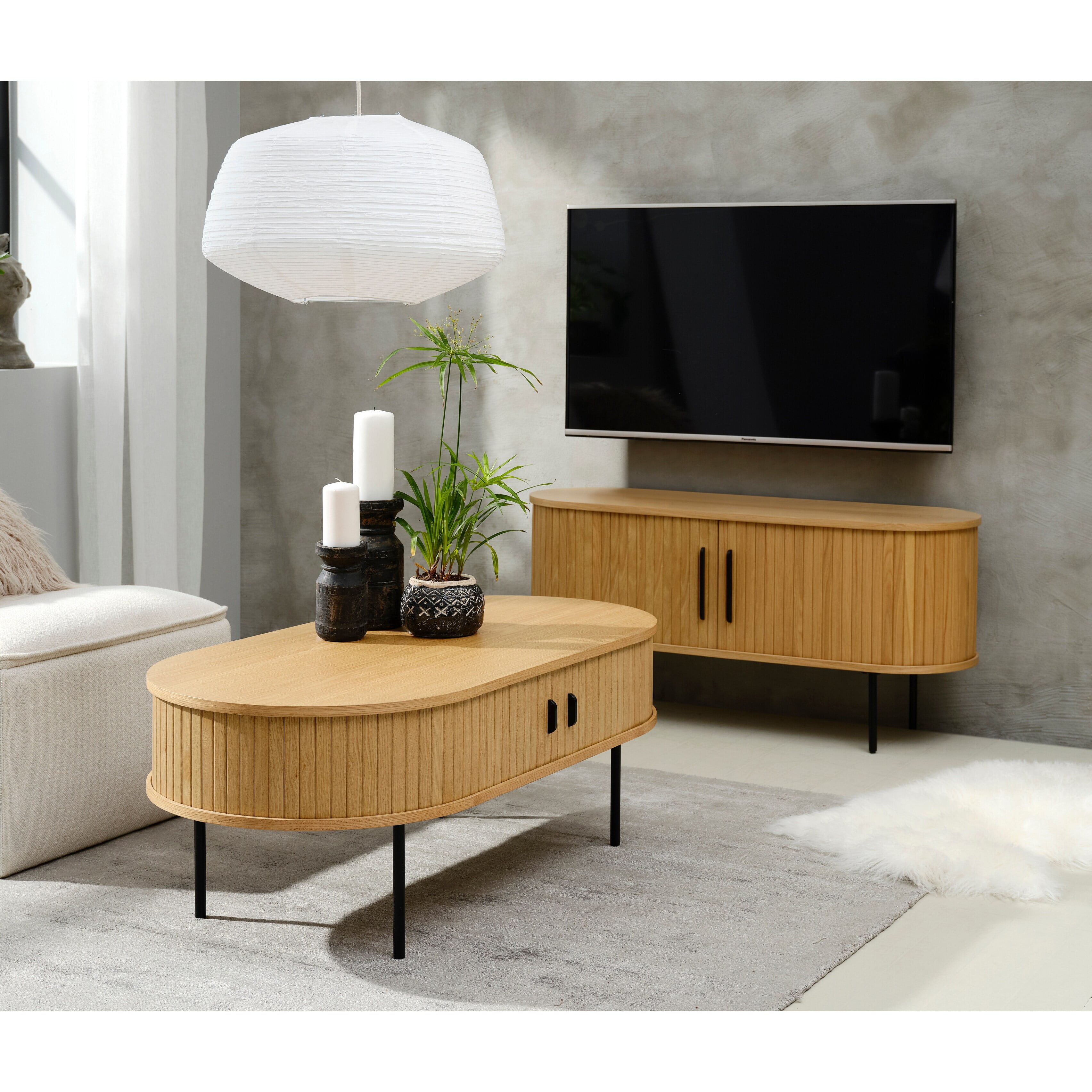 Natural Oak Oval Coffee Table with Black Metal Legs and Storage