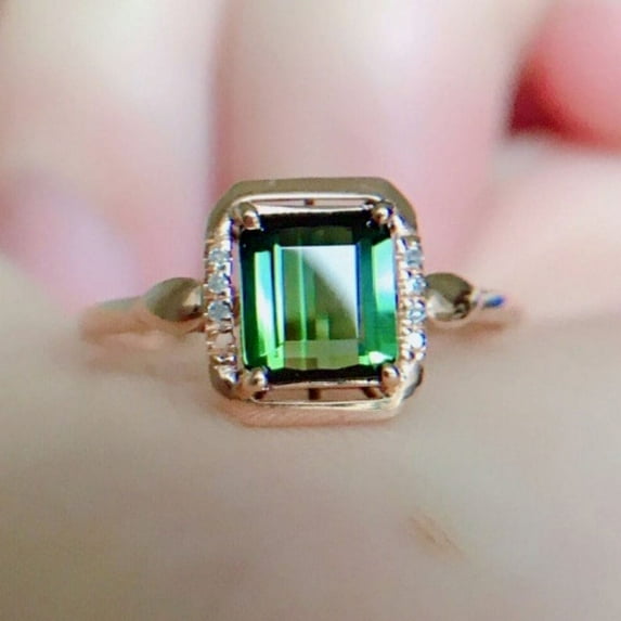 Unique Genuine Emerald Ring 14k Solid Gold Ring Handmade Emerald Cut Stone Ring Moissanite Accented Wedding Ring Natural Emerald Ring Gift For Her