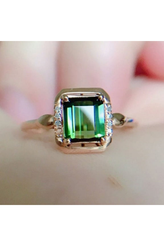 Emerald Cut Green Emerald Moissanite Wedding Ring, 14k, Solid Gold