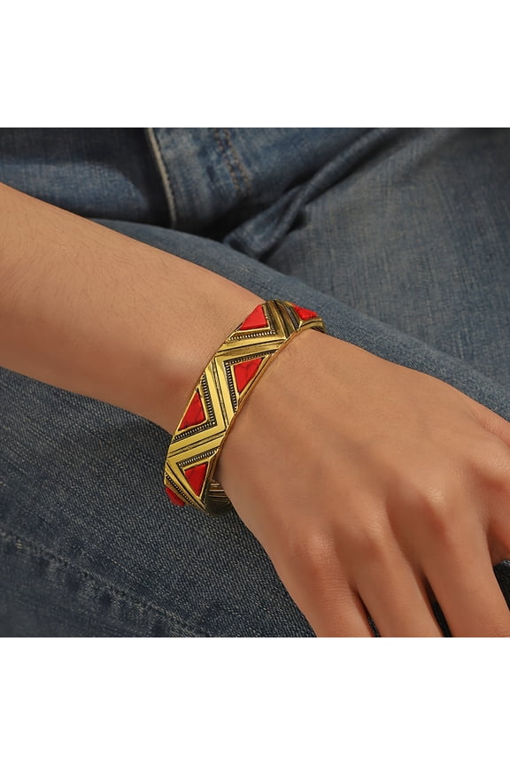 Unique Geometric Engraved Cuff Bangle Cuff Bracelet Iron Jewelry Turquoise Inlaid Vintage Bohemian Style Female Party Hand Jewelry,Golden