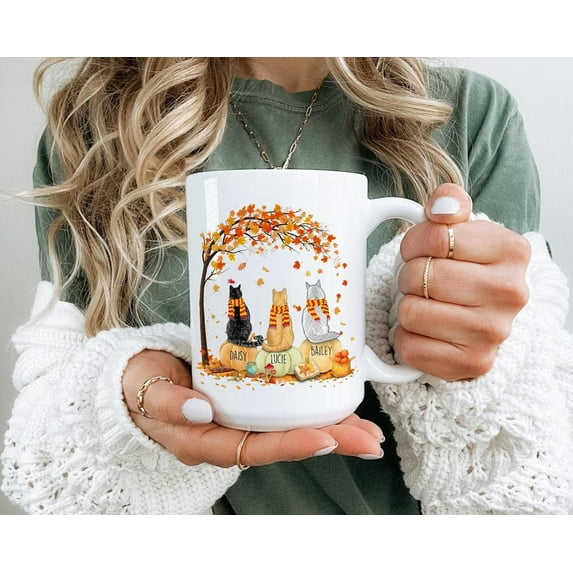 Custom Autumn Cat Coffee Mug: Thanksgiving Gift, 11 oz 15 oz Ceramic Cup