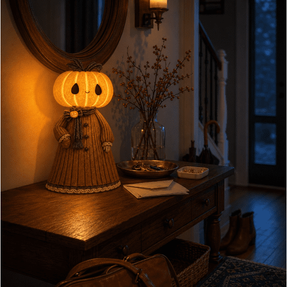 Unique Glowing Pumpkin Girl Figurine - Spooky Night Light Decor, Glow In The Dark Pumpkin Figurine, Fall Halloween Tabletop Prop for Mantel Shelf Party