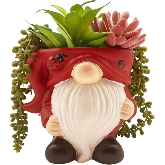 Unique Gnome Planter Pot, Cute Ceramic Gnome Flower Succulent Pot for Indoor Outdoor Plants Home Garden Spring Summer Christmas Decoration (Red)