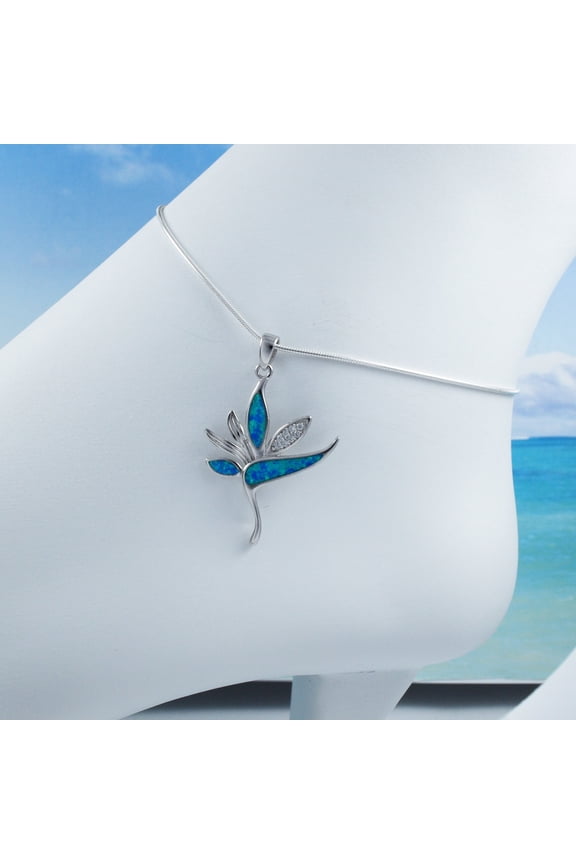 Unique Gorgeous Hawaiian Large Blue Opal Bird of Paradise Anklet or Bracelet, Sterling Silver Opal Bird of Paradise CZ Charm Bracelet, A6156