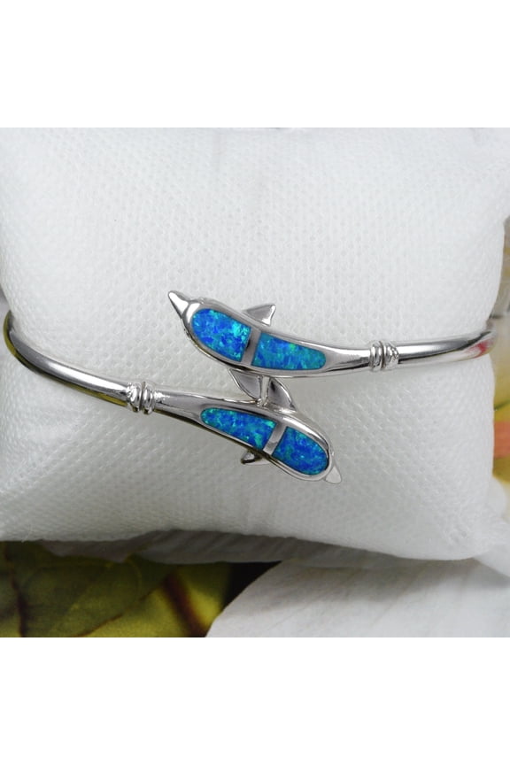 Unique Gorgeous Hawaiian X-Large Blue Opal 2 Dolphin Bangle Bracelet, Sterling Silver Blue Opal Dolphin Bracelet, B3348 Statement PC
