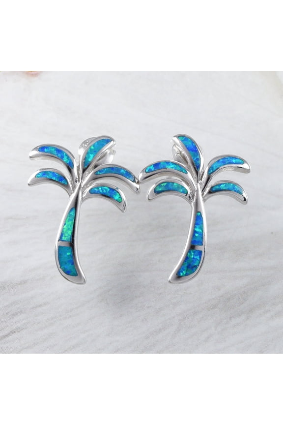 Unique Gorgeous Hawaiian X-Large Blue Opal Palm Tree Earring, Sterling Silver Blue Opal Palm Tree Stud Earring, E9343 Statement PC