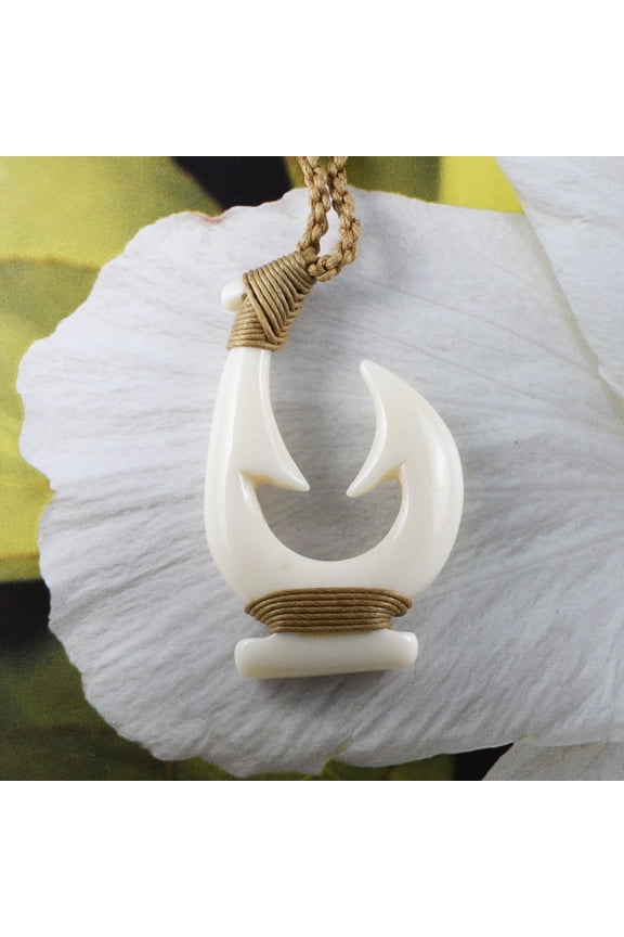 Unique Gorgeous Hawaiian X-Large Fish Hook Necklace, Hand Carved Buffalo Bone Fish Hook Necklace, N9430 Birthday Men Dad Valentine Gift