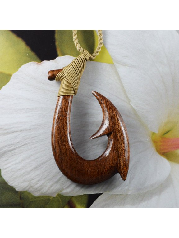 Unique Gorgeous Hawaiian X-Large Genuine Koa Wood Fish Hook Necklace, Hand Carved 3D Koa Wood Fish Hook Necklace, N9432 Birthday Gift