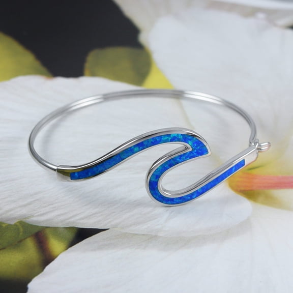 Unique Gorgeous Large Hawaiian Blue Opal Ocean Wave Bangle Bracelet, Sterling Silver Blue Opal Ocean Wave Bracelet, B3345 Birthday Mom Gift
