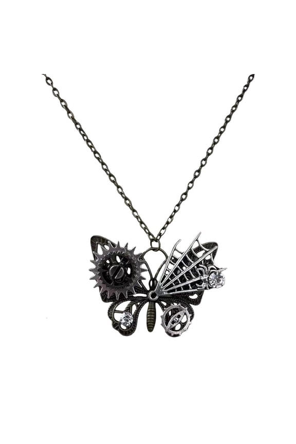 Artisanal Gothic Steampunk Necklace Antique Finish Alloy Butterfly Pendant Jewelry