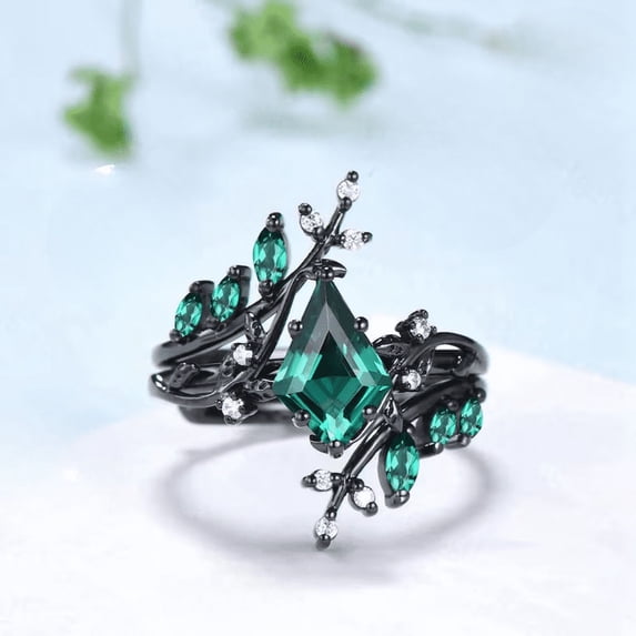 Unique Gothic Kite Cut Emerald Engagement Ring Set in 14k Black Gold Vermeil- Cluster Wedding Ring- May Birthstone