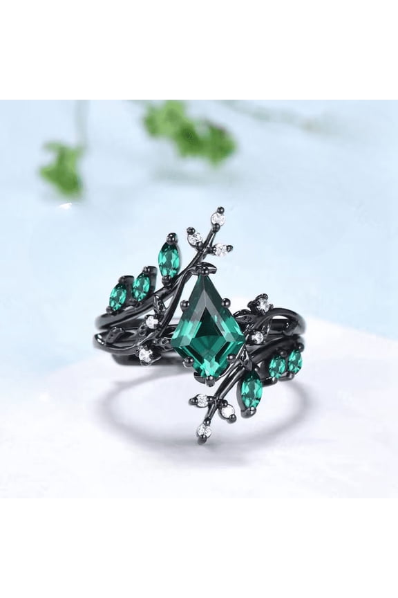 Unique Gothic Kite Cut Emerald Engagement Ring Set in 14k Black Gold Vermeil- Cluster Wedding Ring- May Birthstone