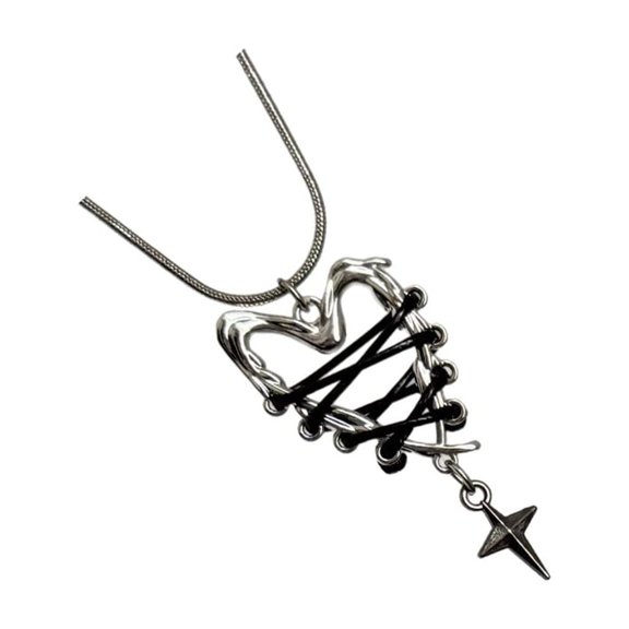 Unique Gothic Star Heart Pendant Necklace Neckchain Black Cord Punk Jewelry Piece