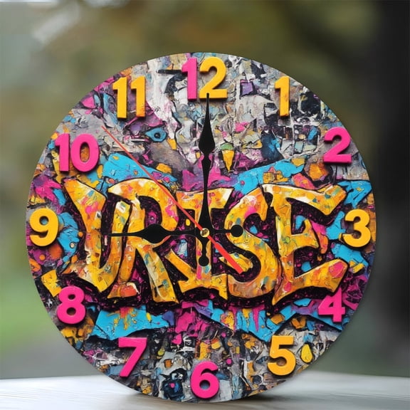 Unique Graffiti Art Wall Clock Colorful Rise Design Home Decor 10-Inch Silent Wooden Wall Clock, Battery Operated (AA Batteries Not Included), Artistic Home Decor