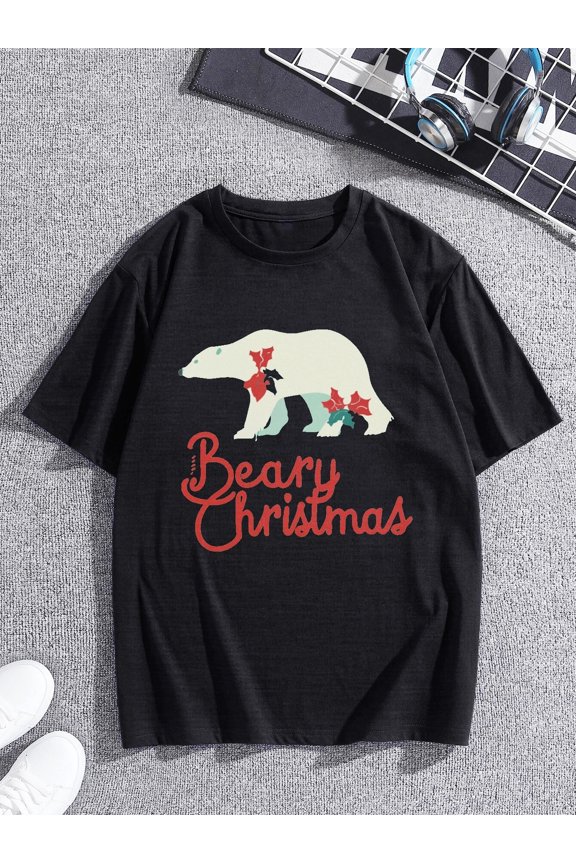 Unique Graphic, Merry Beary Christmas Men's T-Shirt with Retro AI Polar Bear Design, Round Neck, Polyester, Machine Washable
