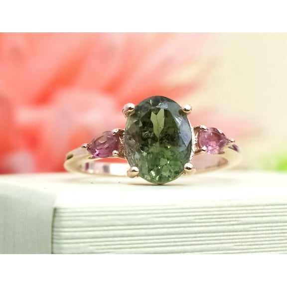 Unique Green Tourmaline Ring - Anniversary Gift - 925 Sterling Silver Ring - Three Birthstone Ring - Rose Quartz Jewelry Ring Gift for Her