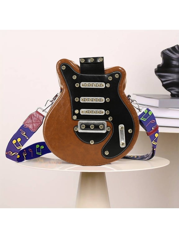 Unique Guitar Shape Backpack with Rhinestone Rivets, Crossbody Shoulder Sling Bag with Gradient Color Strap, Durable PU Leather Musical Style Daypack Gift
