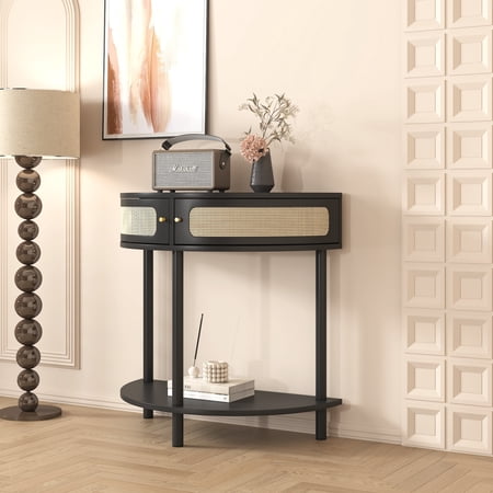 Unique Half Moon Design End Table With Sliding Rattan Door,Elegant Semi-Circle Entryway Console Table With 2 Rattan Storage Cabinet And Bottom Shelf For Living Room, Bedroom, Study, Hallway