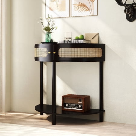 Unique Half Moon Design End Table with Sliding Rattan Door,Elegant Semi-circle Console Table for Living room, Bedroom, Study, Hallway (Black)