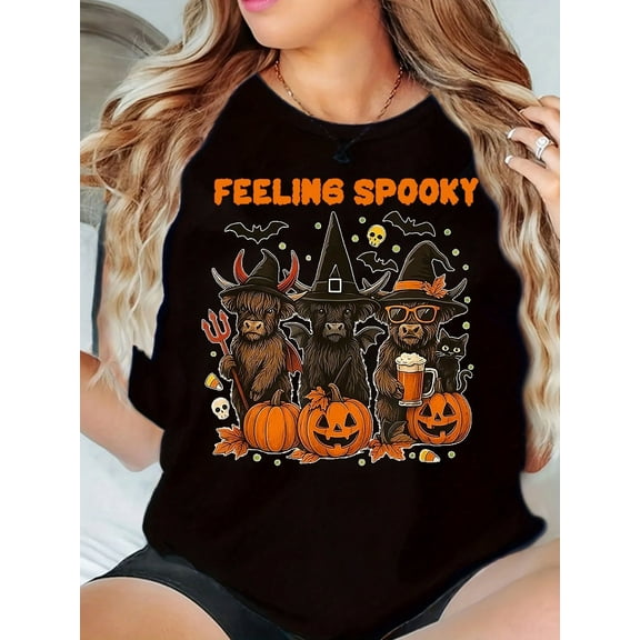 Unique Halloween And Thanksgiving Highland Cow Pumpkin Print Women's T-Shirt, Comfortable And Breathable Street Style, Casual Short-Sleeved Crew-Neck Top For Spring And Summer